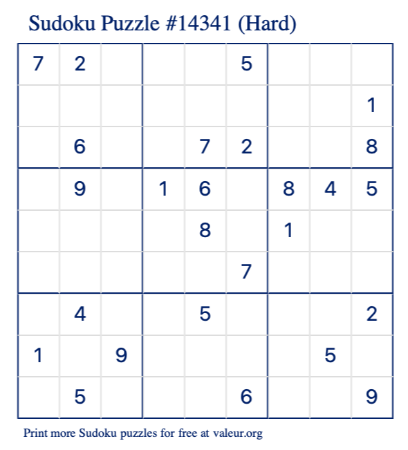 Free Printable Hard Sudoku Puzzle number 14341