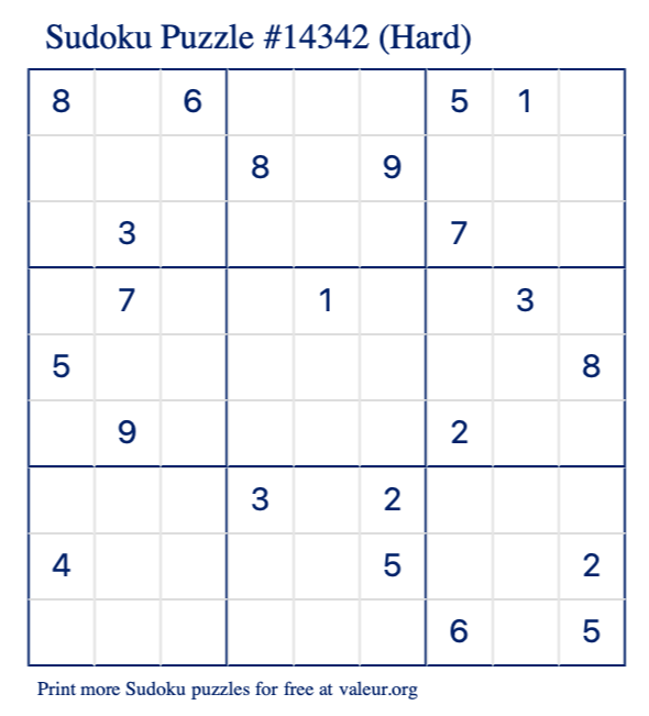 Free Printable Hard Sudoku Puzzle number 14342