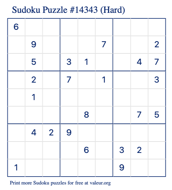 Free Printable Hard Sudoku Puzzle number 14343