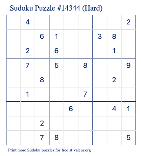 Free Printable Hard Sudoku Puzzle number 14344