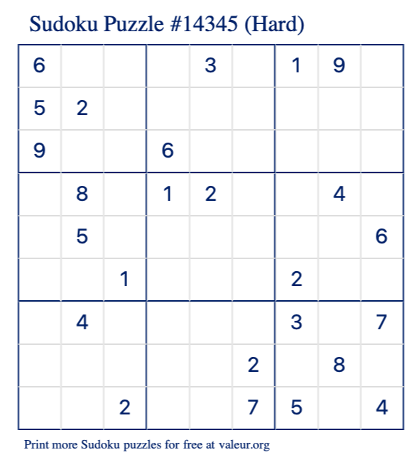 Free Printable Hard Sudoku Puzzle number 14345