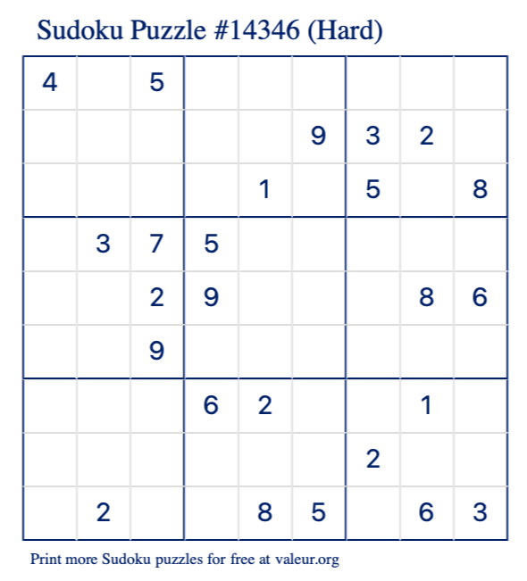Free Printable Hard Sudoku Puzzle number 14346