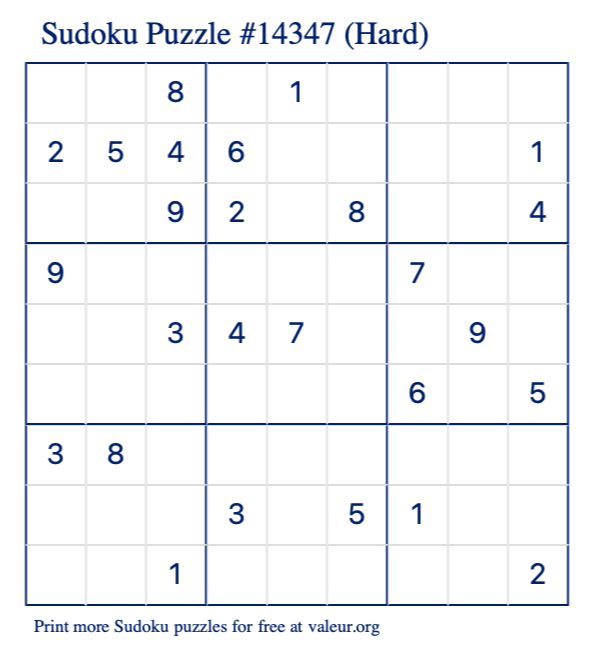 Free Printable Hard Sudoku Puzzle number 14347
