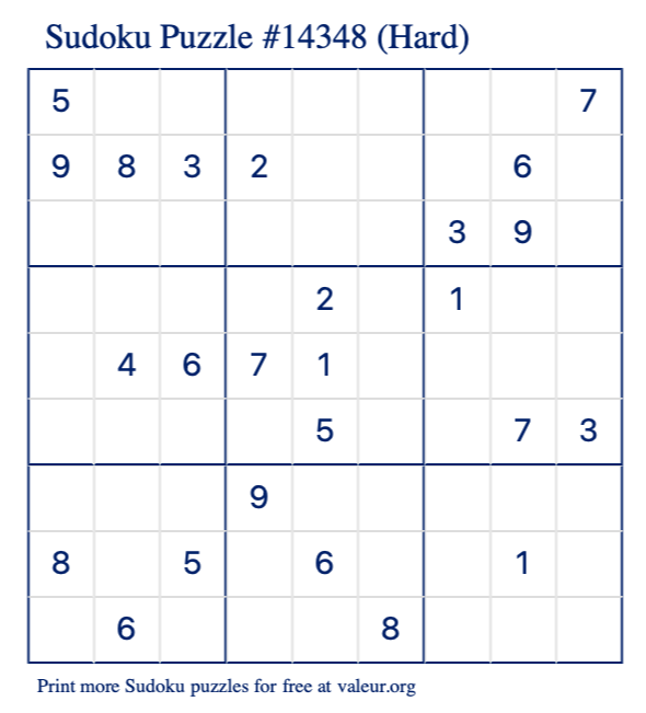 Free Printable Hard Sudoku Puzzle number 14348