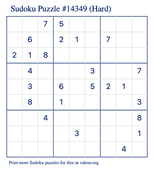 Free Printable Hard Sudoku Puzzle number 14349