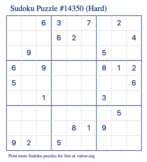 Free Printable Hard Sudoku Puzzle number 14350