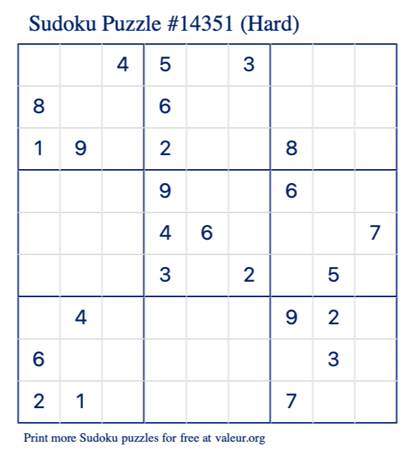 Free Printable Hard Sudoku Puzzle number 14351