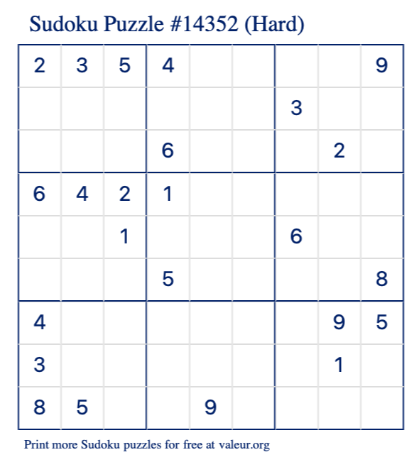 Free Printable Hard Sudoku Puzzle number 14352