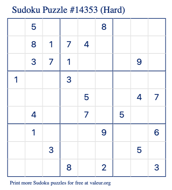 Free Printable Hard Sudoku Puzzle number 14353
