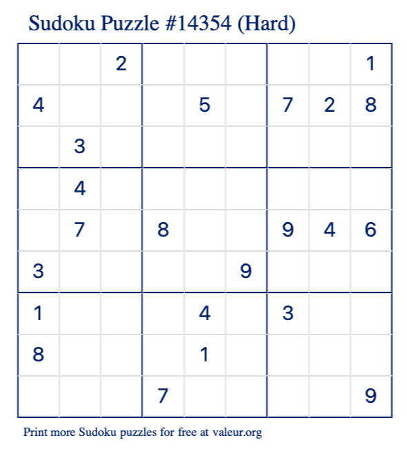 Free Printable Hard Sudoku Puzzle number 14354