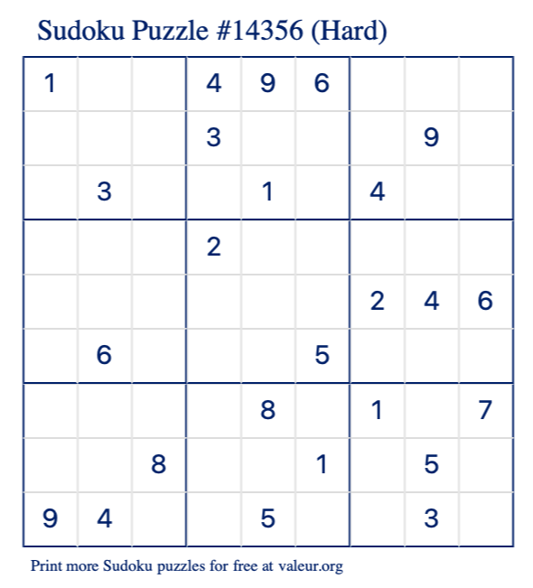 Free Printable Hard Sudoku Puzzle number 14356