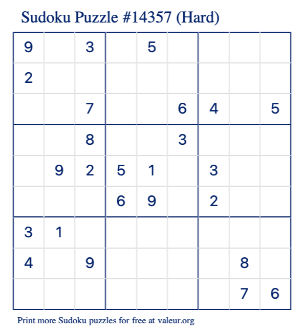 Free Printable Hard Sudoku Puzzle number 14357