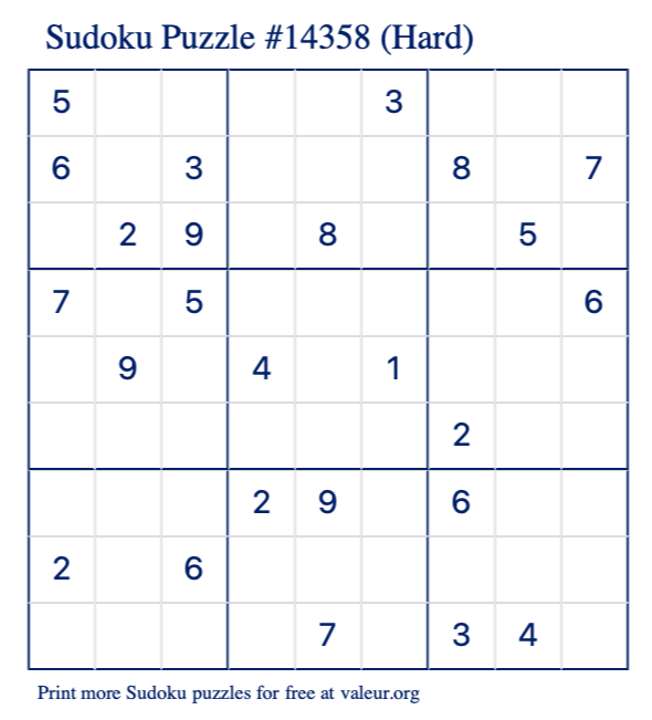 Free Printable Hard Sudoku Puzzle number 14358