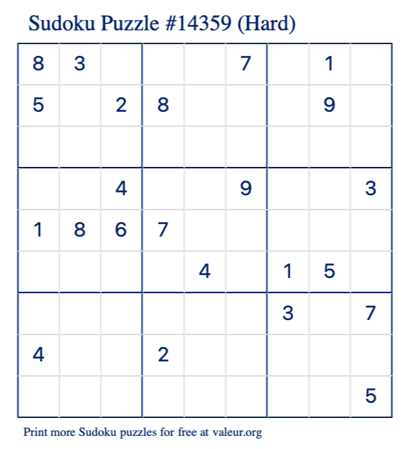 Free Printable Hard Sudoku Puzzle number 14359