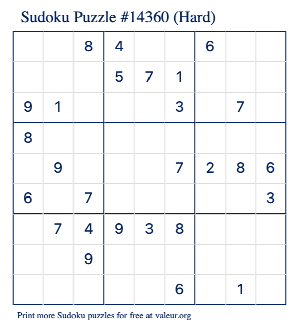 Free Printable Hard Sudoku Puzzle number 14360