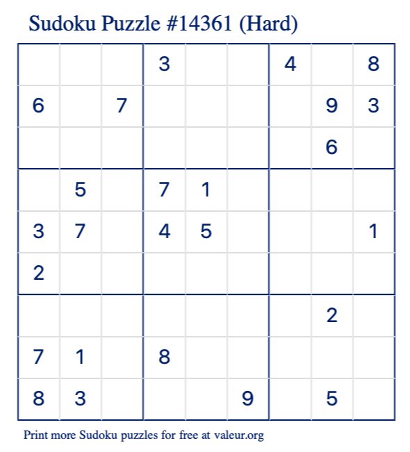 Free Printable Hard Sudoku Puzzle number 14361