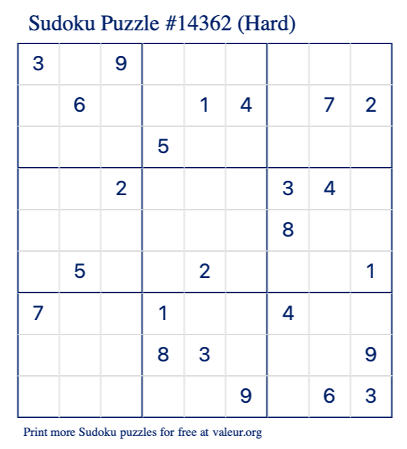 Free Printable Hard Sudoku Puzzle number 14362