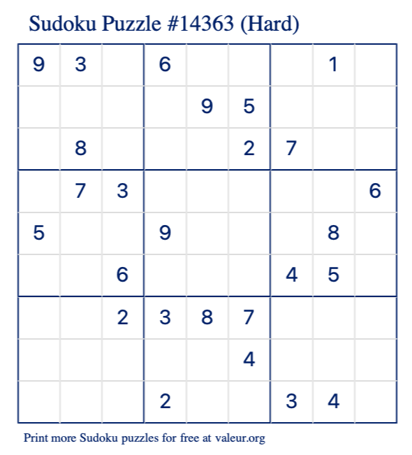 Free Printable Hard Sudoku Puzzle number 14363