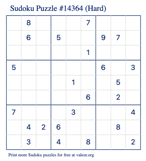 Free Printable Hard Sudoku Puzzle number 14364