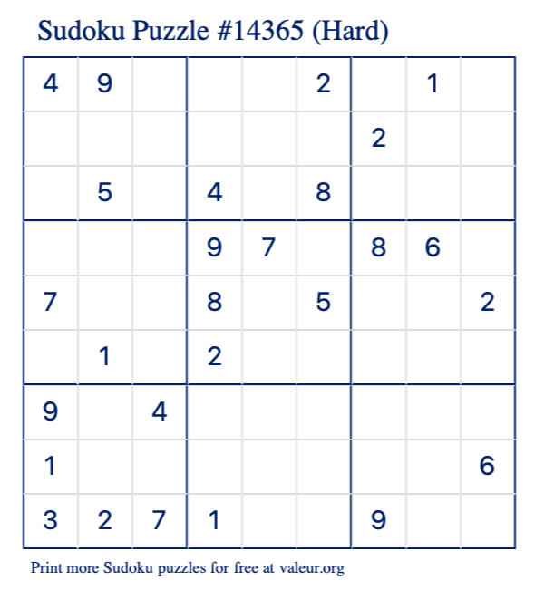 Free Printable Hard Sudoku Puzzle number 14365