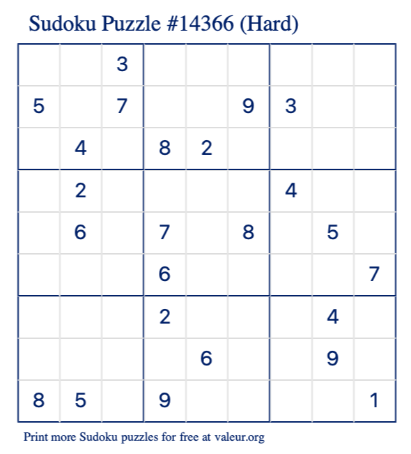 Free Printable Hard Sudoku Puzzle number 14366