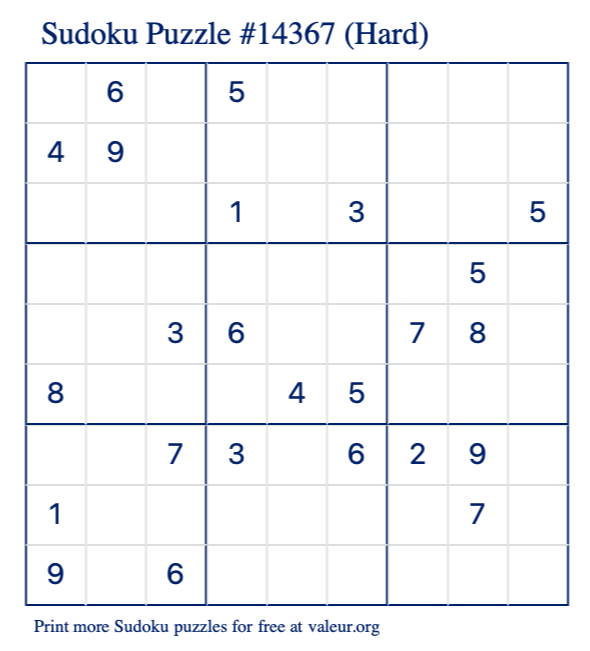 Free Printable Hard Sudoku Puzzle number 14367