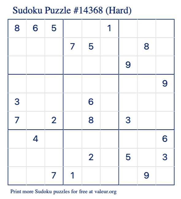 Free Printable Hard Sudoku Puzzle number 14368