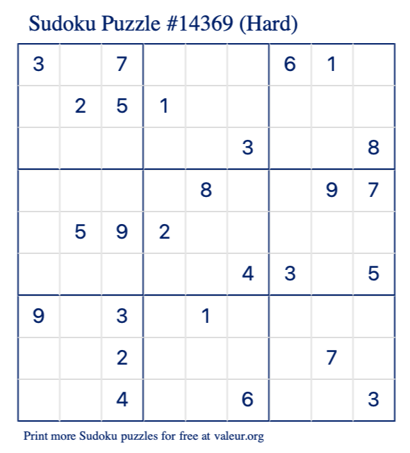 Free Printable Hard Sudoku Puzzle number 14369