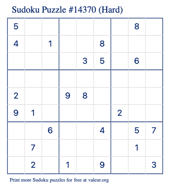 Free Printable Hard Sudoku Puzzle number 14370