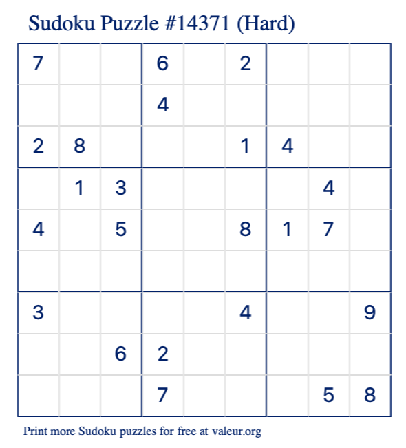 Free Printable Hard Sudoku Puzzle number 14371