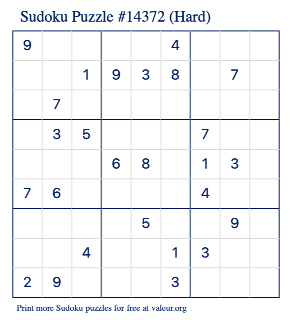 Free Printable Hard Sudoku Puzzle number 14372