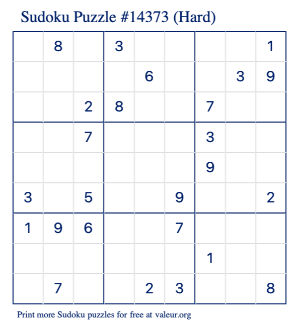 Free Printable Hard Sudoku Puzzle number 14373