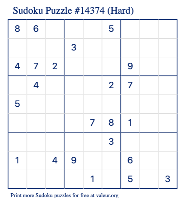 Free Printable Hard Sudoku Puzzle number 14374