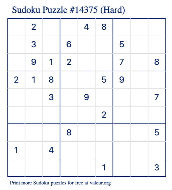 Free Printable Hard Sudoku Puzzle number 14375