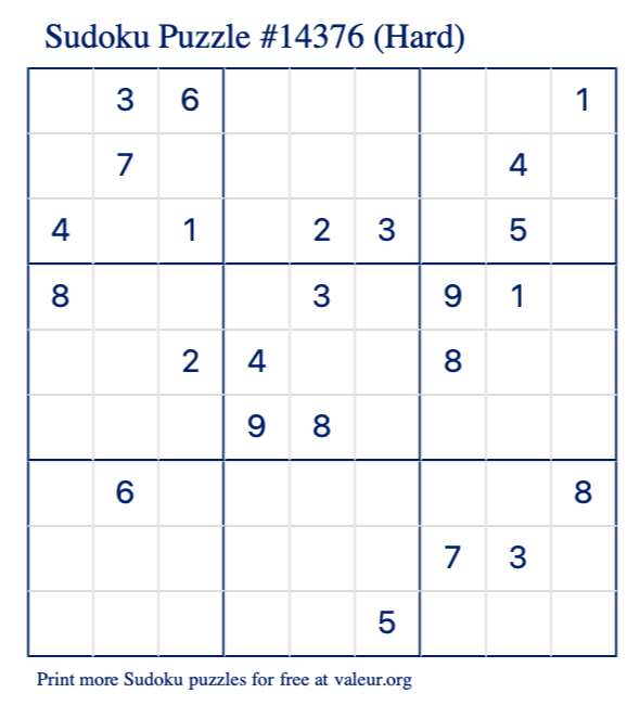 Free Printable Hard Sudoku Puzzle number 14376