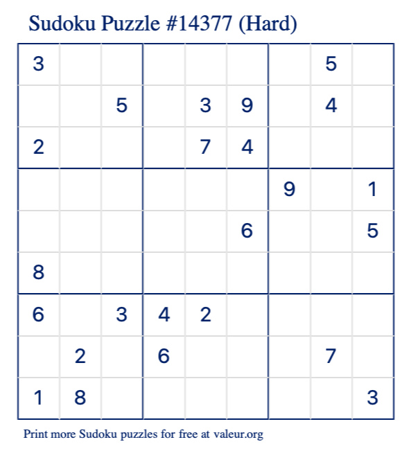 Free Printable Hard Sudoku Puzzle number 14377