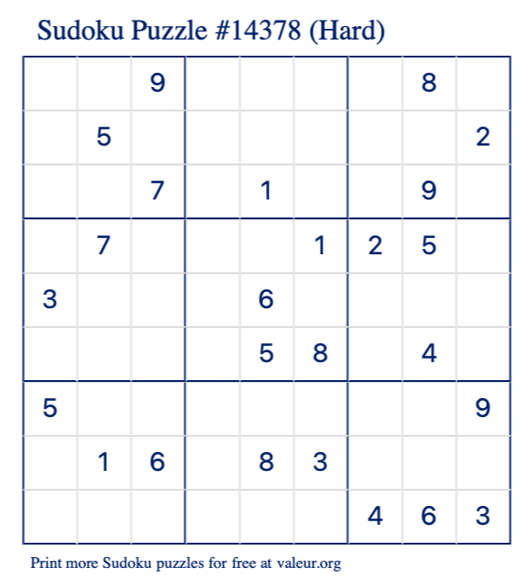 Free Printable Hard Sudoku Puzzle number 14378
