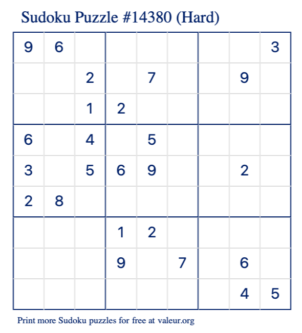 Free Printable Hard Sudoku Puzzle number 14380