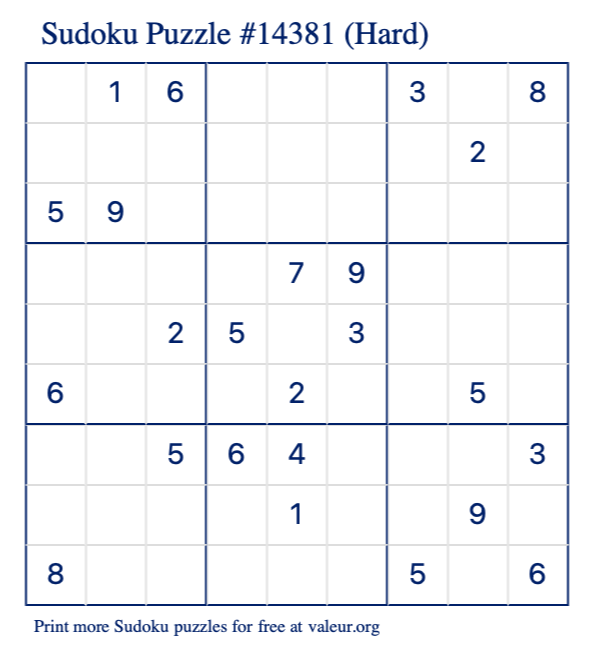 Free Printable Hard Sudoku Puzzle number 14381