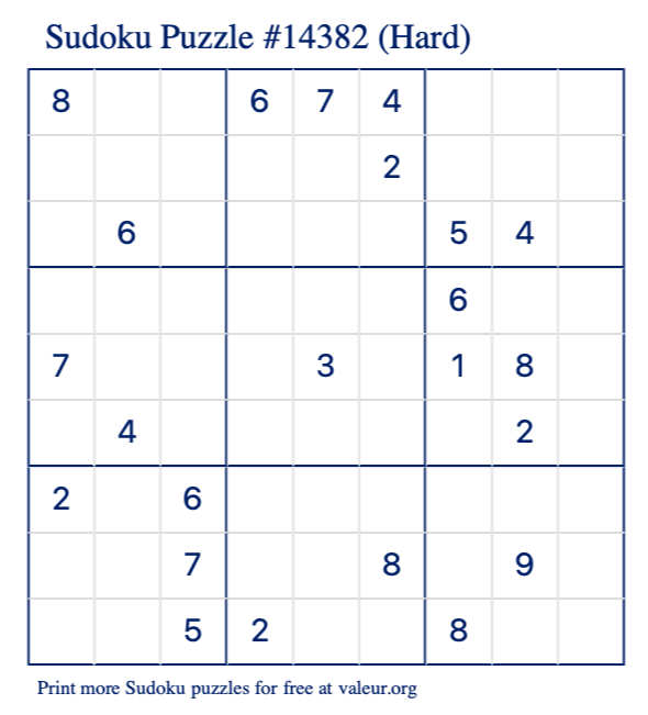 Free Printable Hard Sudoku Puzzle number 14382