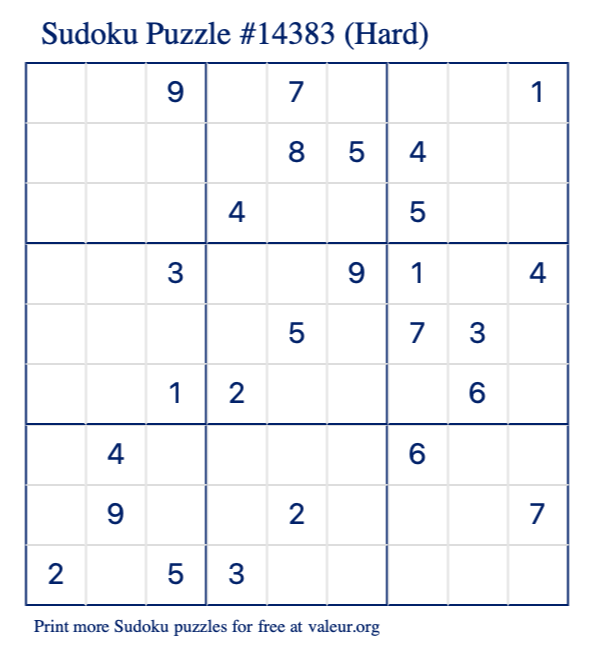 Free Printable Hard Sudoku Puzzle number 14383