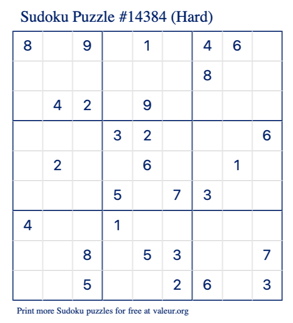 Free Printable Hard Sudoku Puzzle number 14384