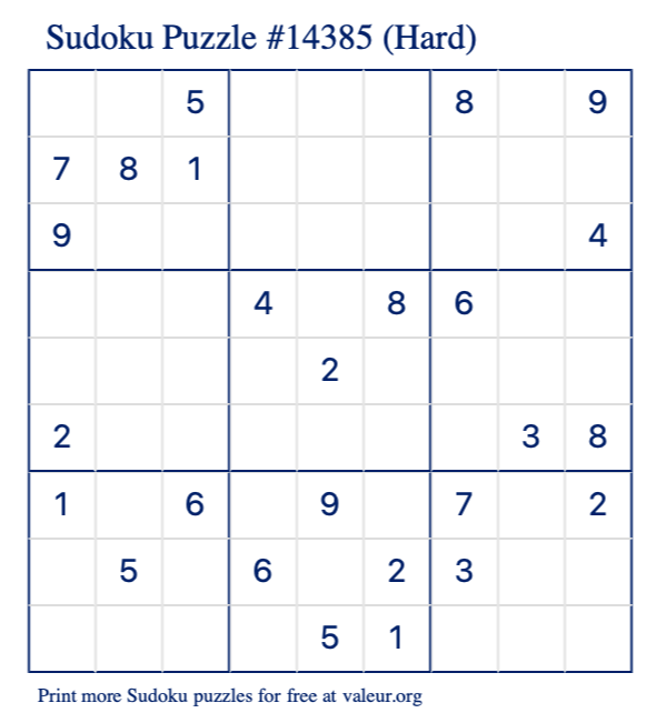 Free Printable Hard Sudoku Puzzle number 14385