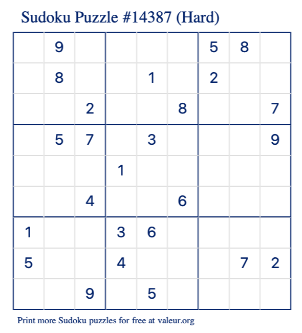 Free Printable Hard Sudoku Puzzle number 14387