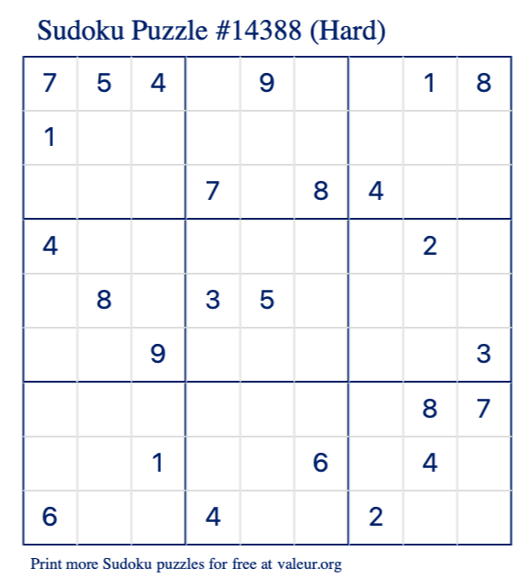 Free Printable Hard Sudoku Puzzle number 14388