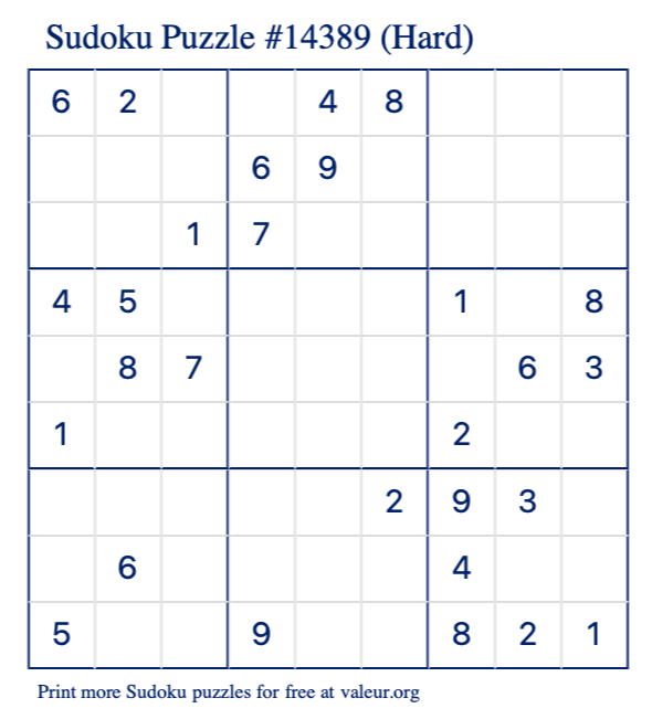 Free Printable Hard Sudoku Puzzle number 14389