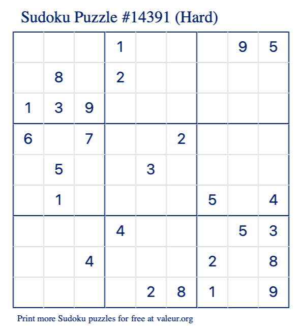 Free Printable Hard Sudoku Puzzle number 14391