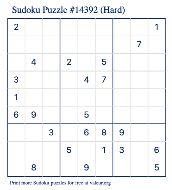 Free Printable Hard Sudoku Puzzle number 14392