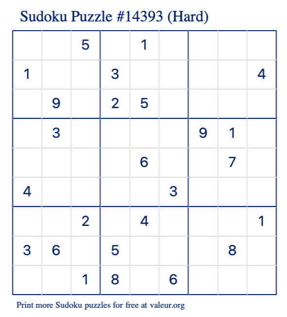 Free Printable Hard Sudoku Puzzle number 14393