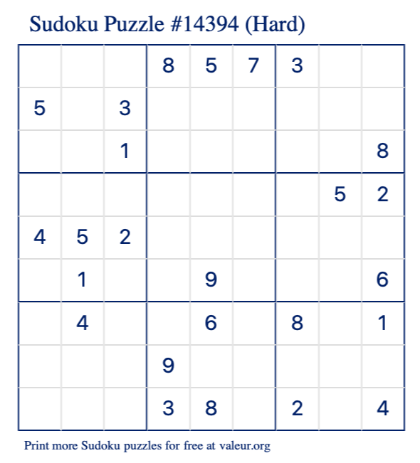 Free Printable Hard Sudoku Puzzle number 14394